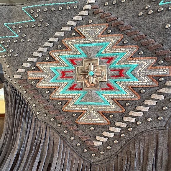 NWOT Montana West Charcoal and Turquoise Embellished Fringe Tote Bag - Picture 10 of 13